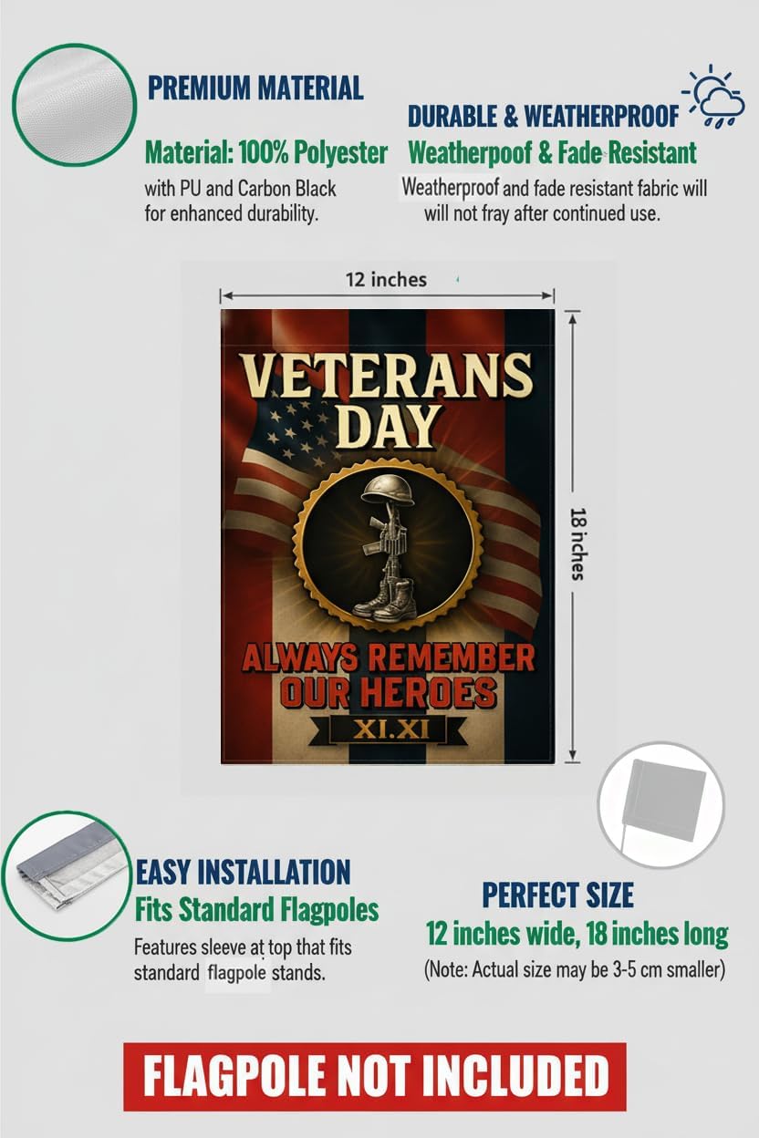Memorial Veteran Garden Flag 12x18 In Doublesided Always Remember Our Heroes US Military Service Tribute Display for Veterans Day Memorial Day Patriot Day Outdoor Yard Cemetery Decor - Image 2