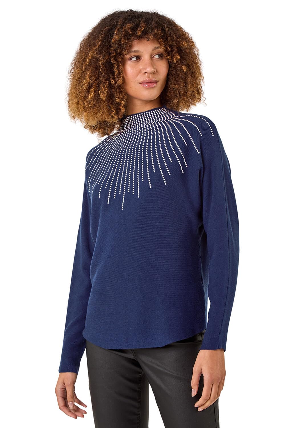 Roman Originals Women's Dark Blue Sparkle Diamante Sequin Jumper For Uk Sparkly Glitter Sweater Embellished Smart Casual Autumn Winter High Neck Knitwear Knitted Pullover - Size S