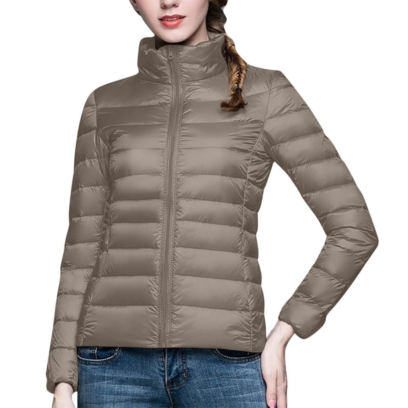 Chaqueta De Plumas para Mujer Manga Larga Color Liso Sin Capucha - Ropa Mujer Invierno Incluye Bolsa De Almacenamiento Cremallera Funcional Elegante Único Chaquetas Suave Casual Plumiferos