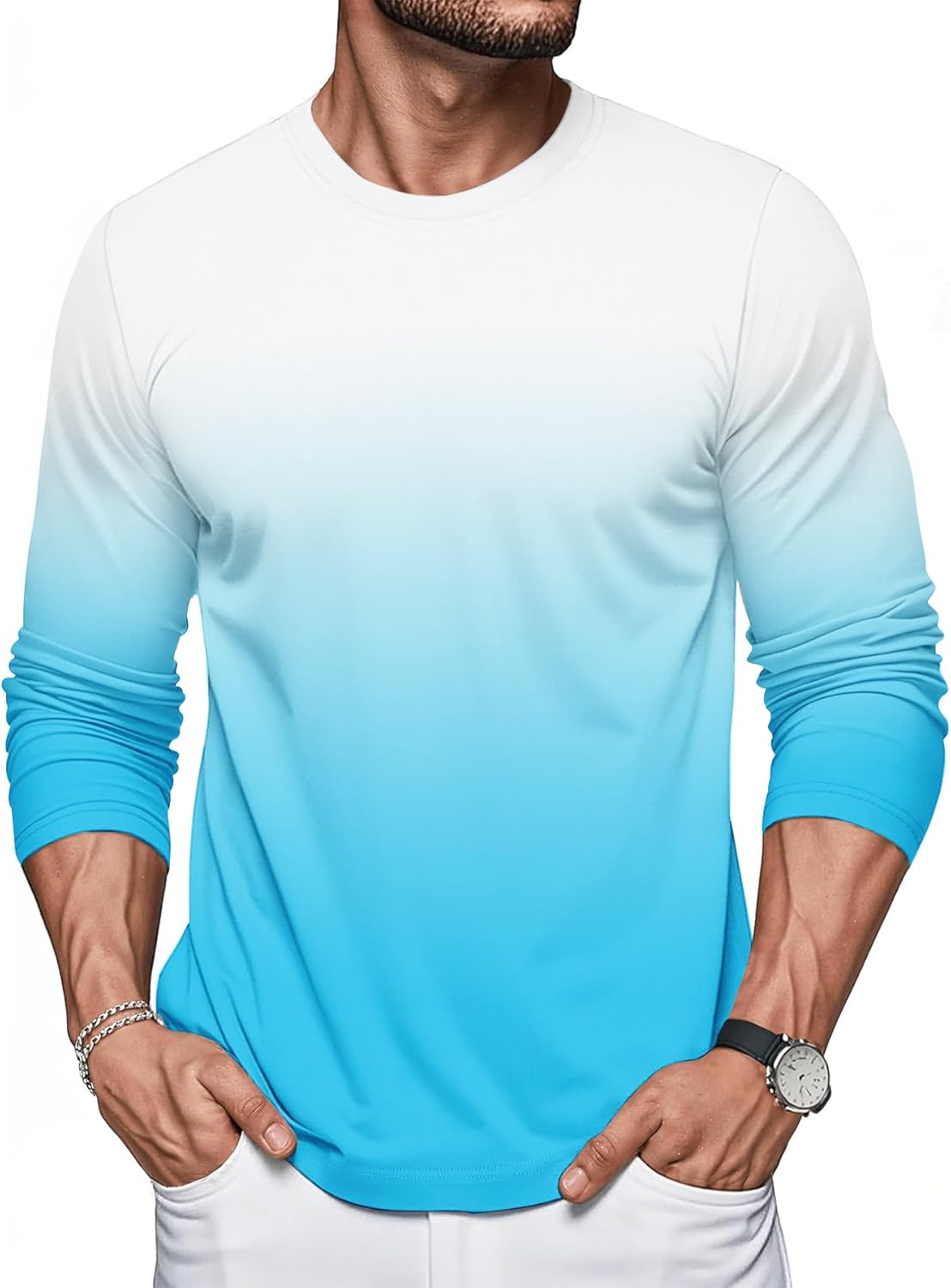 Men's Cotton T Shirts-Long Sleeve Athletic T-Shirt Gradient Shirt Casual Basic Tee