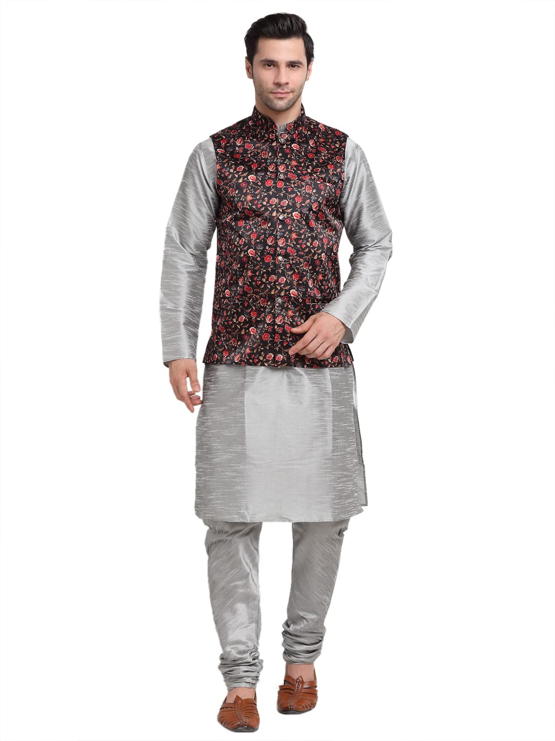 Men Silver Kurta Churidar With Satin Nehru Jacket-image-49