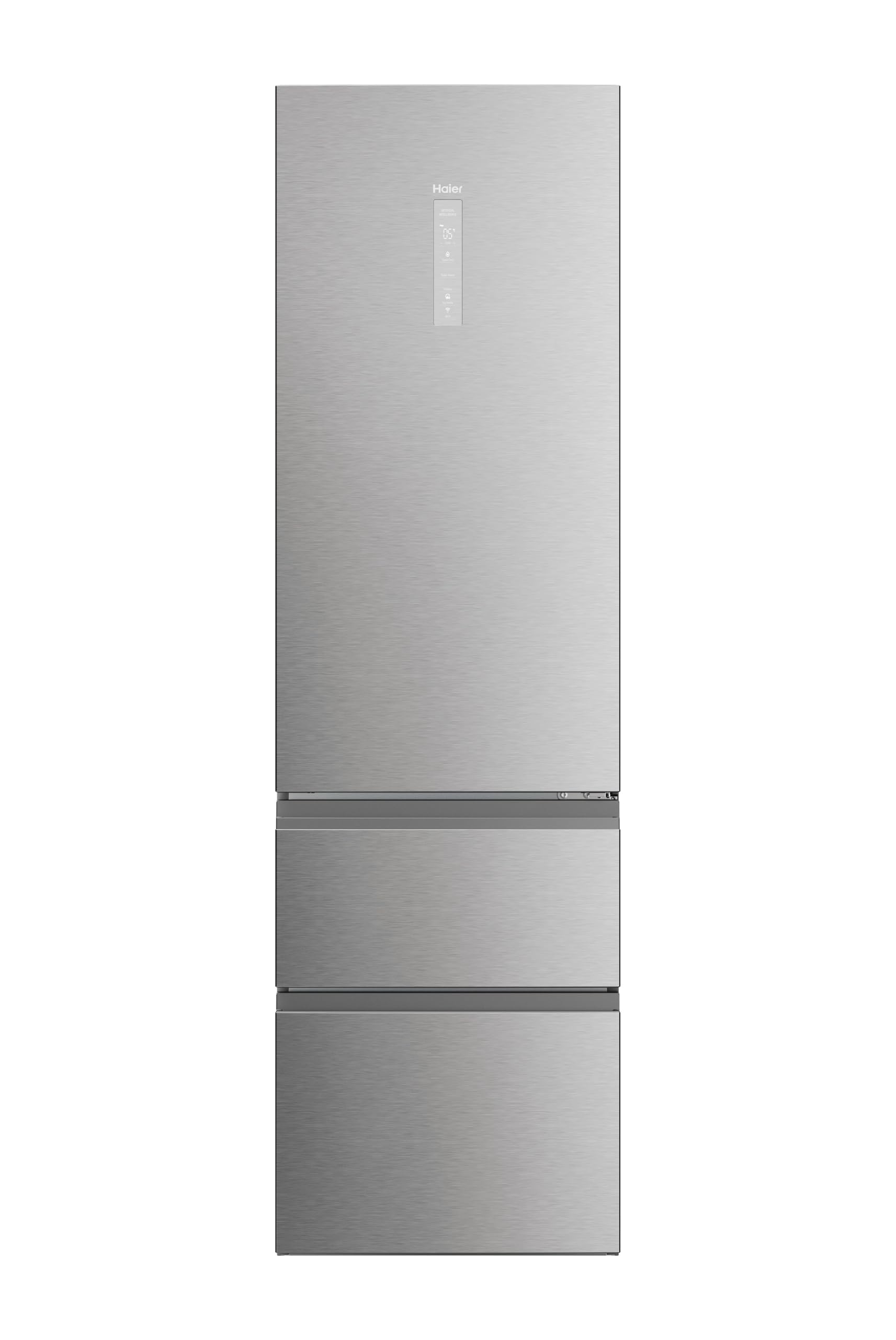 Haier 3D 60 Serie 5 Frigorifero Combinato 3 Porte 414 Litri (289 Frigo + 125 Freezer), Air Surround, Cassetti Accesso Diretto, Wi-Fi App hOn, Classe D, 205 x 59,5 x 66,7 cm (AxLxP), Inox, HTW5620DNMG
