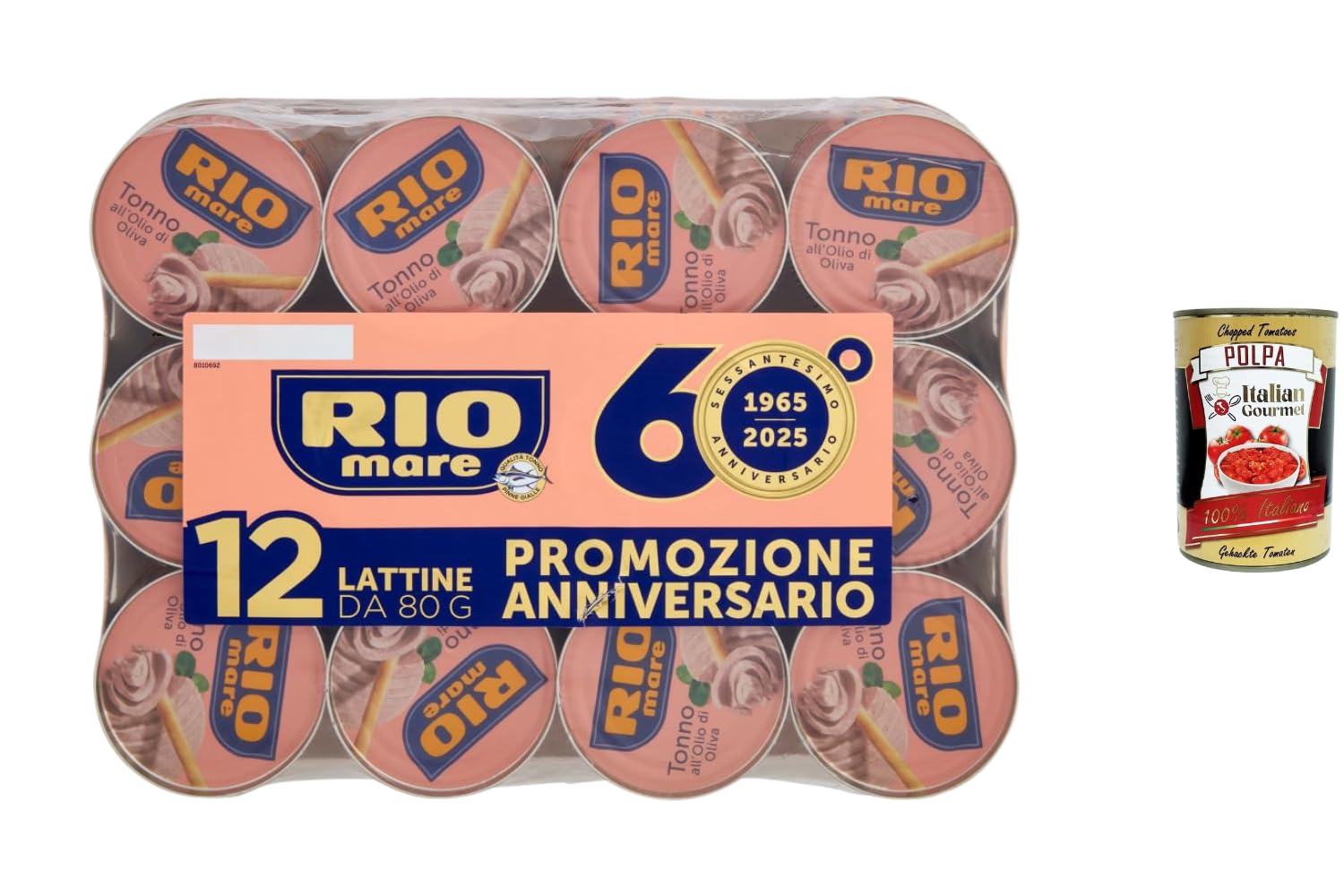 Italian Gourmet Rio Mare Thon à l’Huile d’Olive Lot 12 Boîtes x 80 g – Thon premium italien en huile d’olive, texture tendre et goût authentique, idéal salades, pâtes + Italian Gourmet Polpa