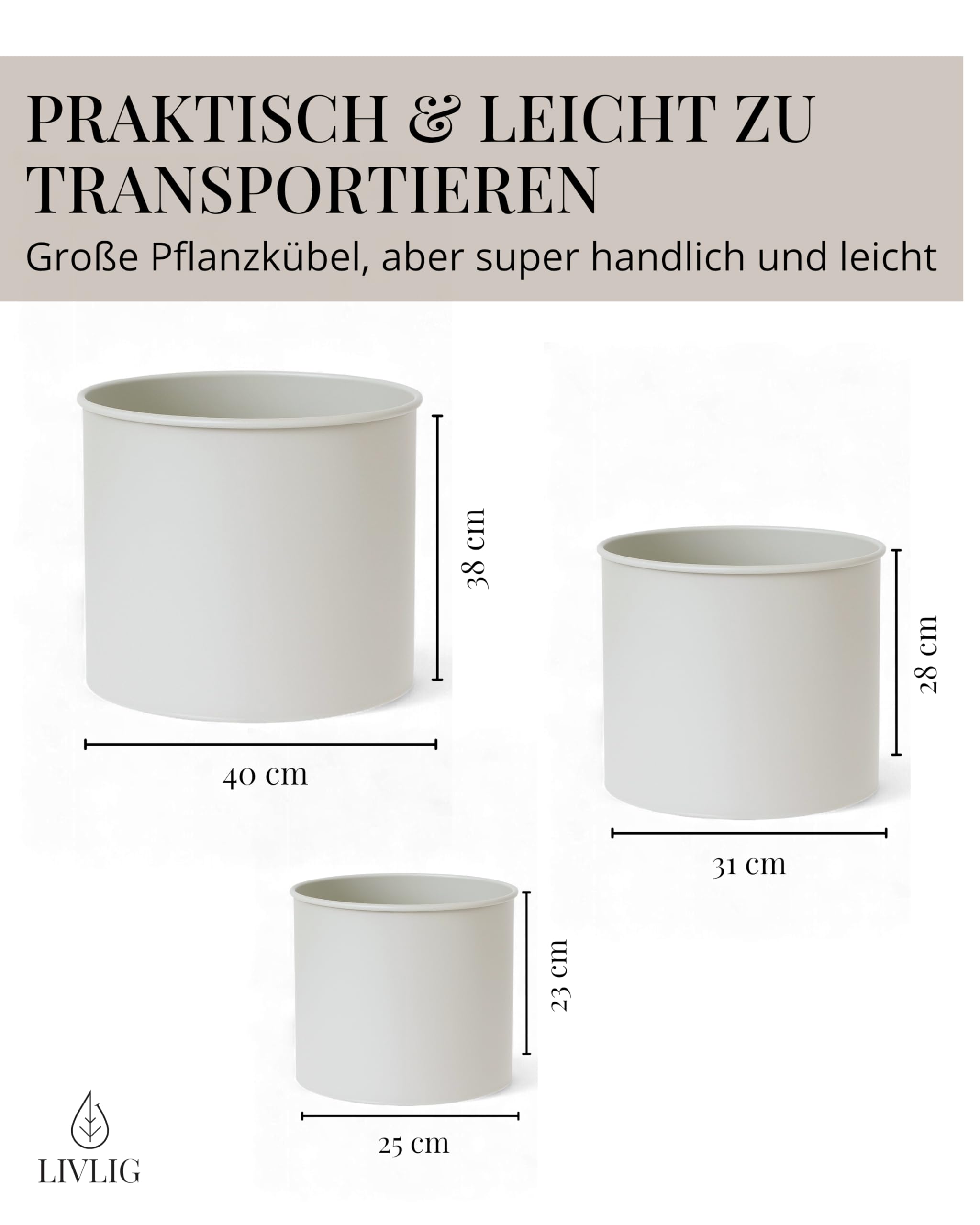Livlig53 Blumentopf Set Metall, Topf 25 cm Durchmesser & Übertopf 30 cm Durchmesser & Übertopf 40 cm Durchmesser, Pflanzkübel groß außen & innen, Made in Europa, Greige