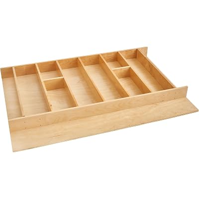 Rev-A-Shelf Trim-to-Custom-Fit Silverware Drawer Organizer For Kitchen Utensils, Cutlery Cabinet Storage Divider Insert, 33.11 x 21.97 In, Maple Wood, 4WUT-36-1