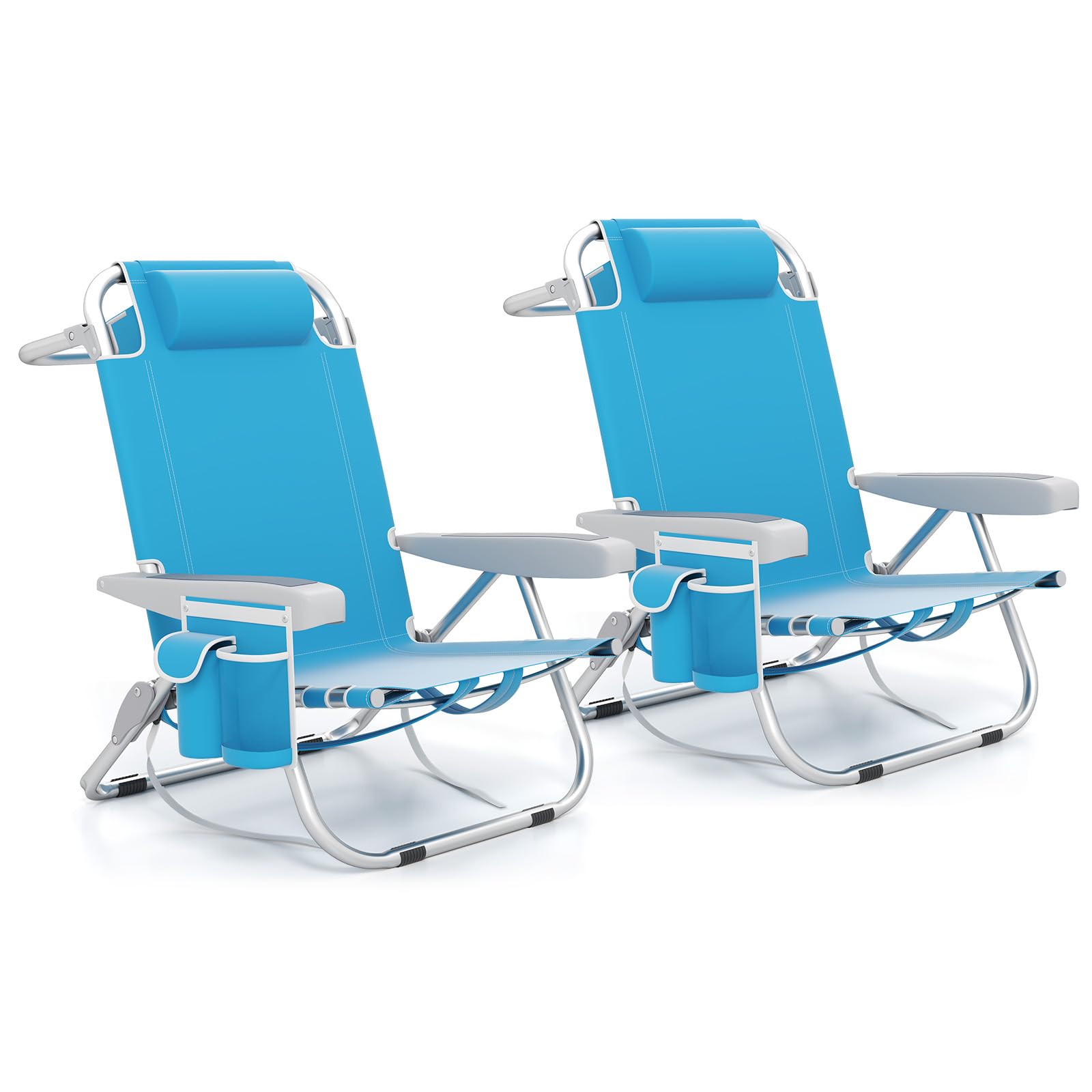 Giantex 2-Pack Beach Chair, Foldable Backpack Chairs with 5 Adjustable Position, Cup Holder, Storage Pockets, Straps, Towel Rack, Pillow, 330lbs