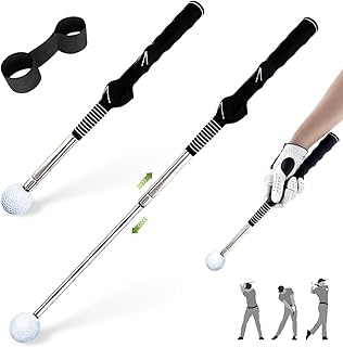 Retractable Golf Swing Training Aid, Portable Grip Trainer with Click Feedback for Right-Handed Golfers, Includes Arm Band, Strength & Tempo Trainer for Chipping, Indoor & Outdoor Practice
