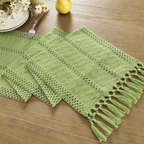 Image of ZeeMart Macrame Style Boho Table Runner, Sage Green Table Runners 36 Inches Long, Farmhouse Woven Home Decor, 12x36 Inch, Green