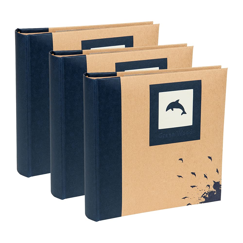 Kenro Blue,White Box Of 3 Green Wood Blue Dolphin Photo Album With Kraft Paper Cover For 200 Photos 6X4 Inch/10X15cm Family Photograph Album - Grw006ue