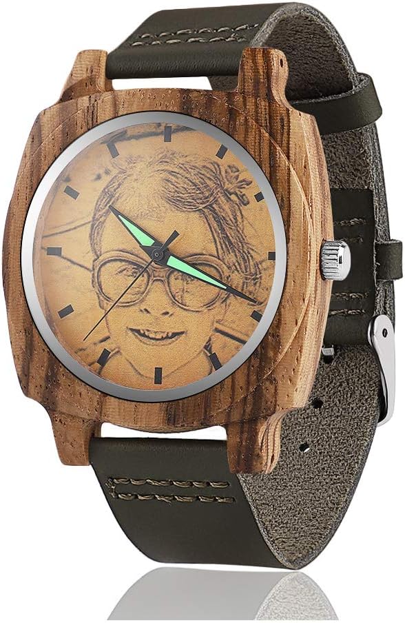 Godchoices Personalized Customized Wooden Watch with Photo Or Message Double-Side Engraving for Personalized Gift