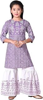 Girls Kurti with Sharara Set, Purple and White, Floral Bandhani Print, 3/4 Sleeves, Ethnic Wear Price In India