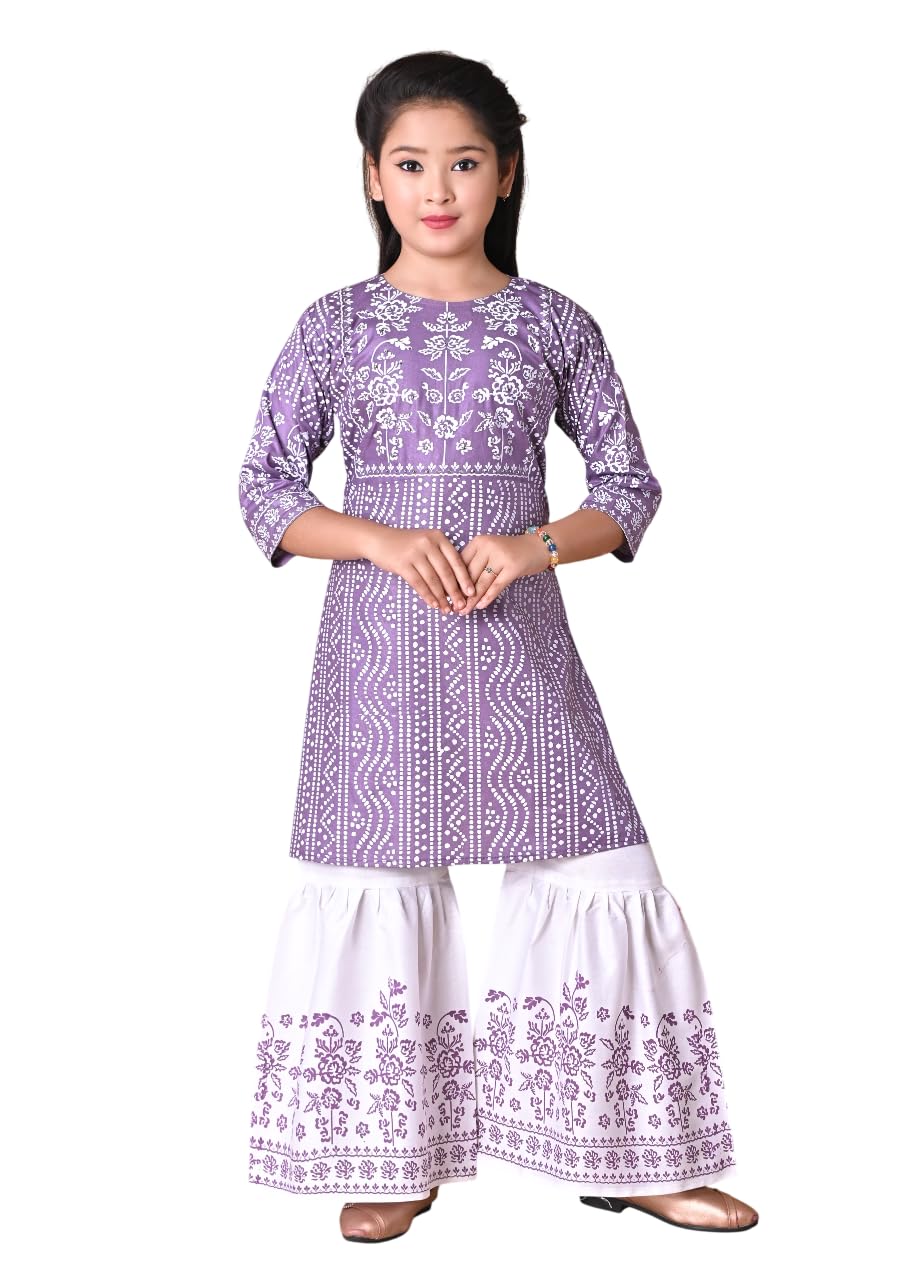 Girls Kurti with Sharara Set, Purple and White, Floral Bandhani Print, 3/4 Sleeves, Ethnic Wear - Review, Price and Buying Guide