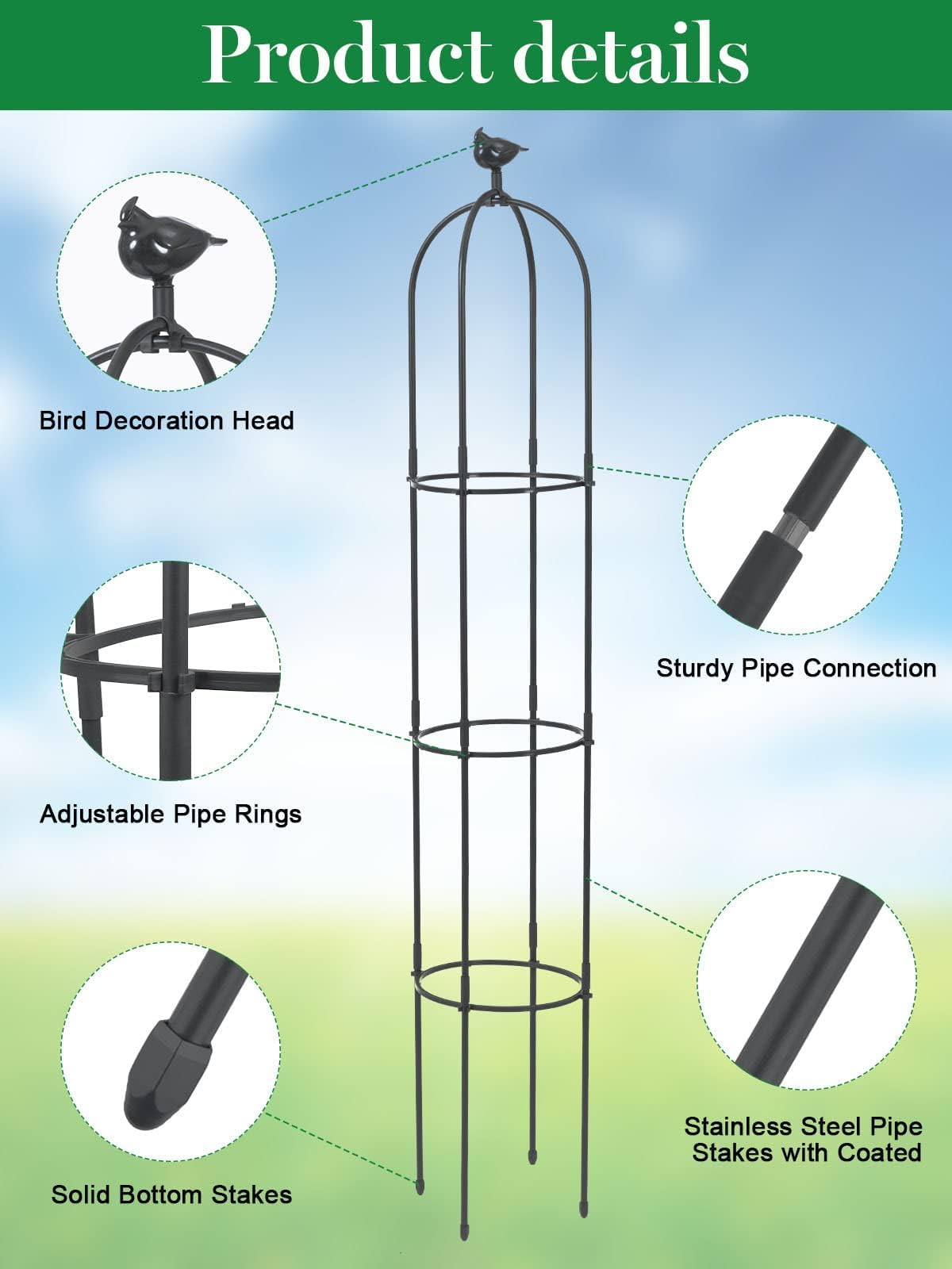 TOROKOM Obelisco de Jardín,183 cm Soporte Metálico Antioxidante para Plantas Trepadoras, Torre de Obelisco Resistente para Flores, Rosas, Enredaderas, Uso Interior y Exterior(Negro)