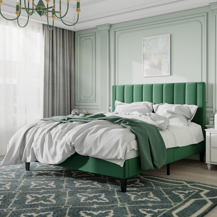 Image of HITHOS Modern Upholstered Queen Size Bed with Wingback Headboard | Wooden Double Bed Cot Palang Without Storage for Living Room Bedroom Home (Green) 1 Year Warranty