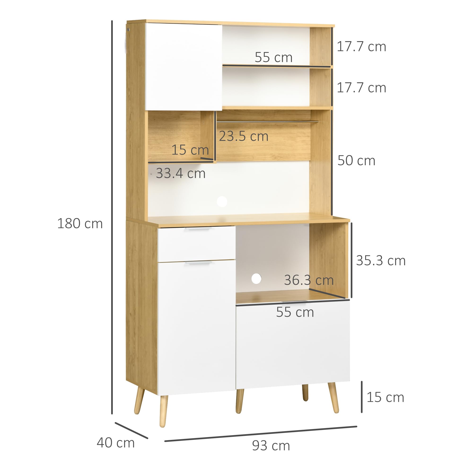 HOMCOM Dispensa da Cucina in Truciolato e Legno di Pino con Armadietti, Cassetti, Ripiani Regolabili e Appendino, 93x40x180 cm, Bianco e Color Legno