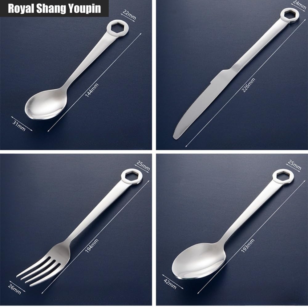 Unico Manico Della Chiave Da Cucina in Acciaio Inox Argenteria Stoviglie Posate Set Di Bistecca Coltello Forchetta Cucchiaio Cucchiaino Tè (A,24 pezzi)