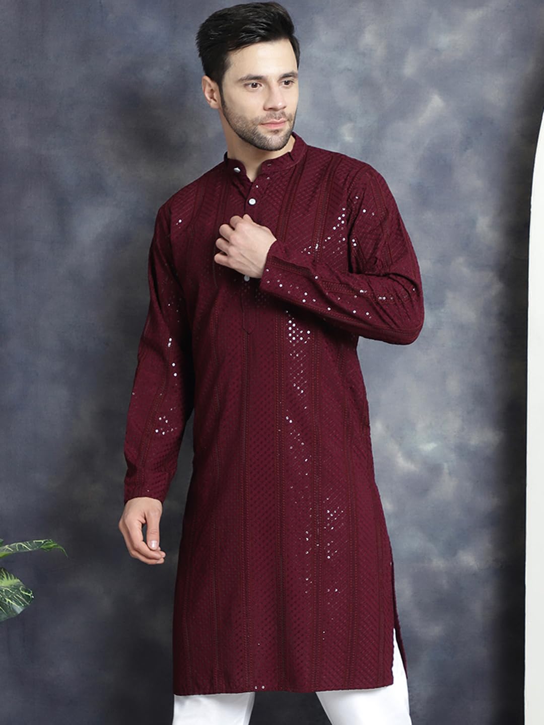 Jompers Men's Sequins Chikankari Embroidered Kurtas (Purple, Xxl)