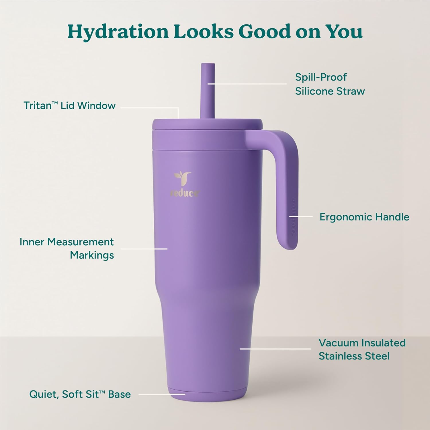 REDUCE Chiller Vacuum Insulated 40 oz Tumbler with Spill-Proof Silicone Straw - Sustainable Tritan Lid with Water Intake Markers - Soft Sit Base Travel Mug - Dishwasher Safe - Purple Punch - Image 3