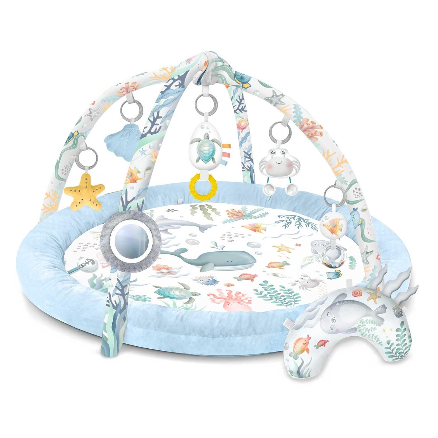 Nukido Interactief speelboog baby 5-in-1 kruipdeken voor baby speelmat met 5 wanden box baby met matras babynestje met buiktijd kussen 2 vellen met 7 sensorisch speelgoed 56 cm blauw