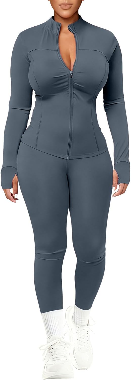 UOUA Womens Workout Set Two Piece Outfits Bodycon Long Sleeve Zipper Jacket & Leggings for Gym Tracksuit