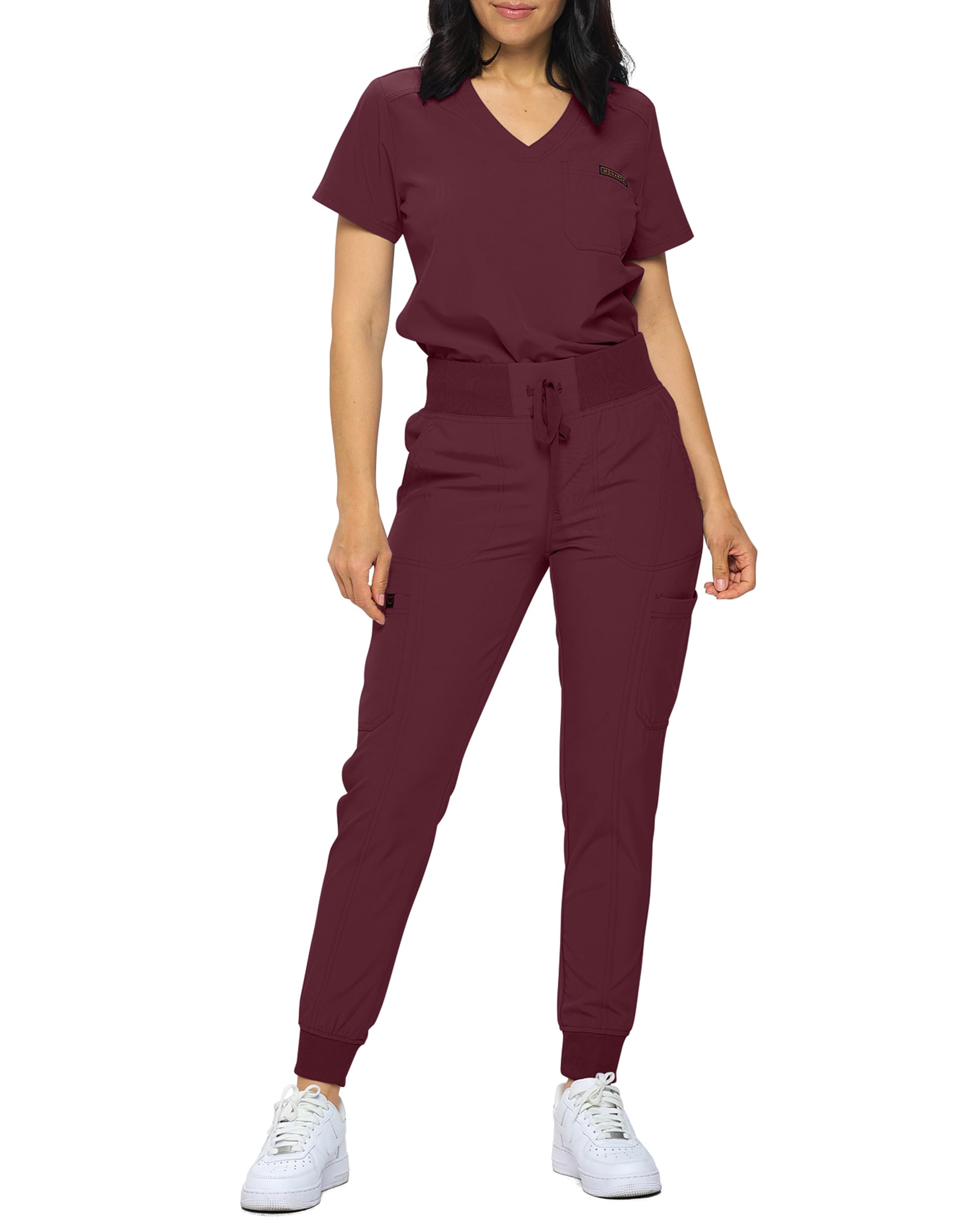 MONARCH UNIFORMS Stretchy Scrubs Women's Jogger Scrub Set with Tuck-In Top, Burgundy, Medium