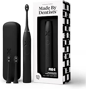 PRO-X Sonic Electric Toothbrush by Dentists – 9x Plaque Removal, 70-Day Battery, 3 Modes, Travel Case & Extra Heads (Black)