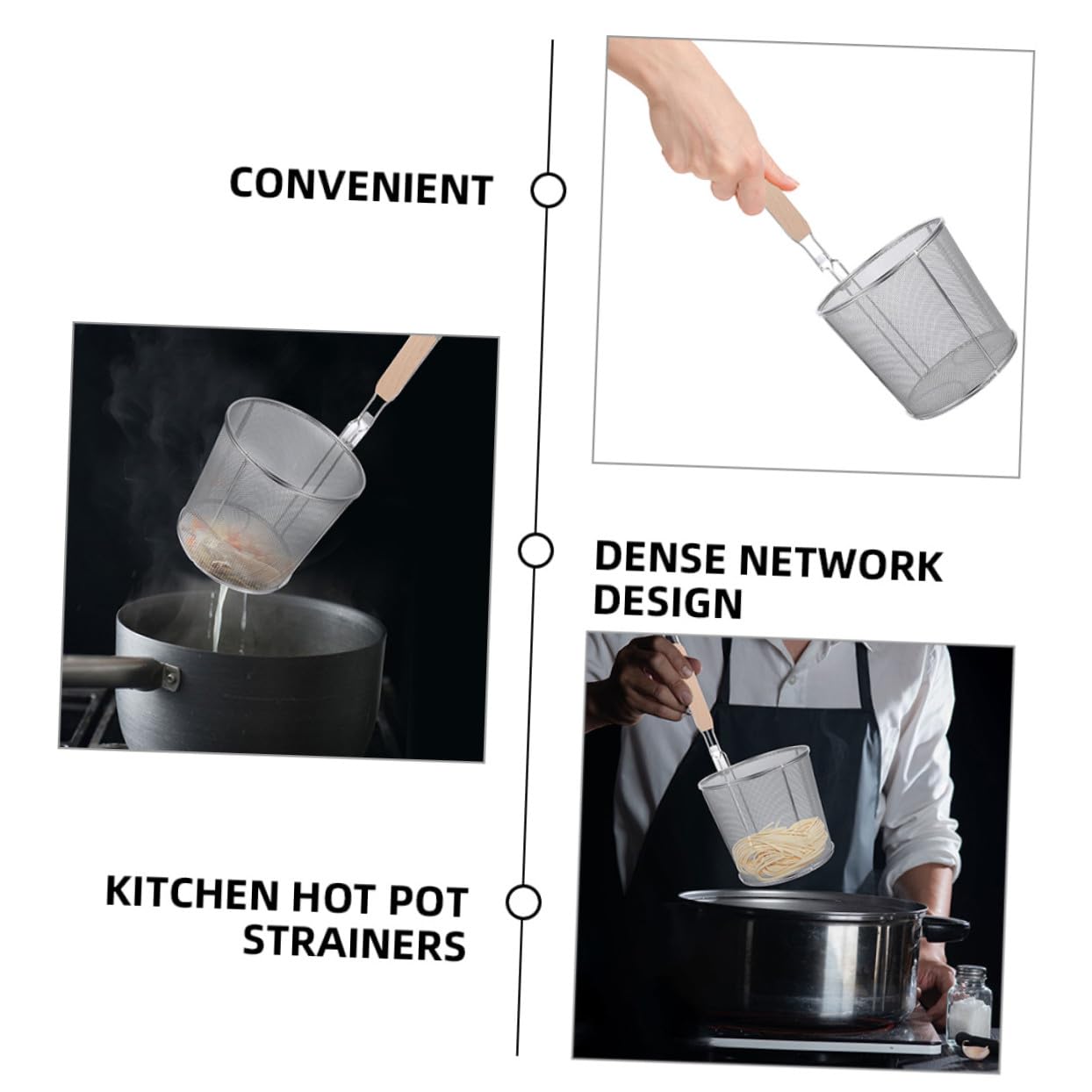 3 Stück Edelstahl Küchensieb für Nudeln und Frittieren | Silber, 201 Stahl mit Holzgriff, Glatte Oberfläche, Geeignet für Pommes und Pochierte Eier
