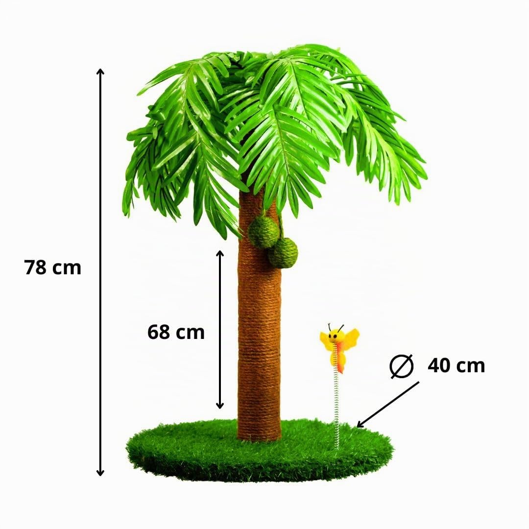 Tiragraffi per gatti 78 cm – Colonna tiragraffi per gatti con motivo palma e sfere oscillanti – Cat Scratching Post – Tiragraffi gatto corda in sisal naturale – Tiragraffi legno