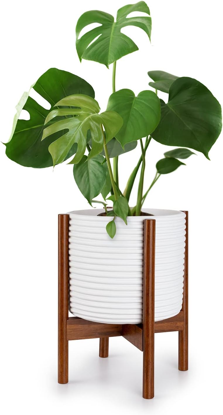 Fox & Fern Mid Century Modern Plant Stand, Indoor Plant Stand, Corner Plant Stand Indoor, Plant Holder, Plant Stands Indoor - EXCLUDING Plant Pot - Adjustable Width 11" to 15" - Strand Woven Bamboo Strand Woven Bamboo Fits all pots between 11" and 15"