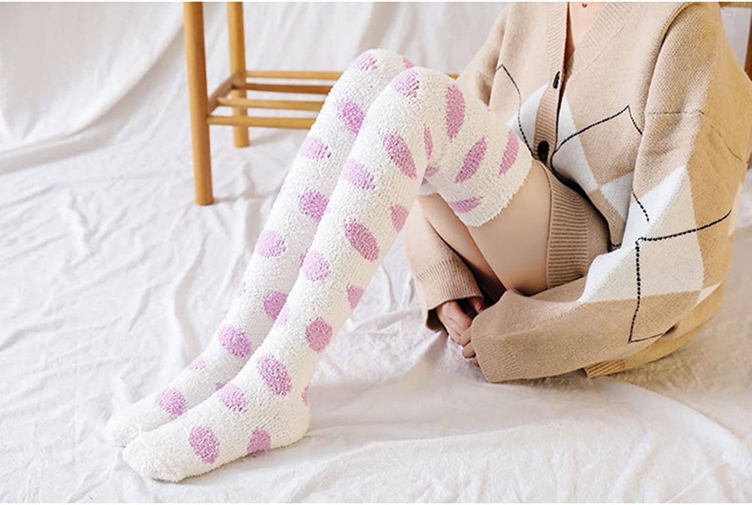 Socken Damen Herren 10 Paar Flauschige, Oberschenkelhohe Thermosocken Mit Gepunktetem Muster, Winterwärmer Über Den Kniestrümpfen Wandersocken(Purple)