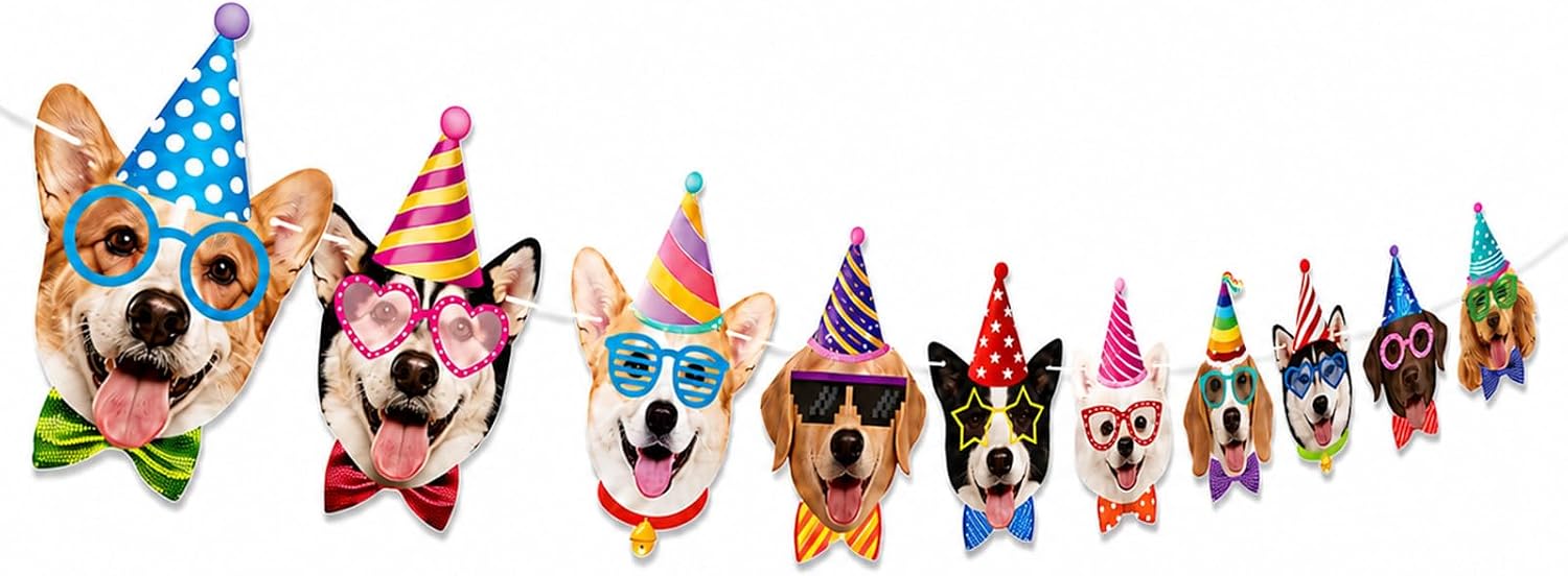 Dog Birthday Banner, Funny Dog Face Garland for Pet Birthday Decorations
