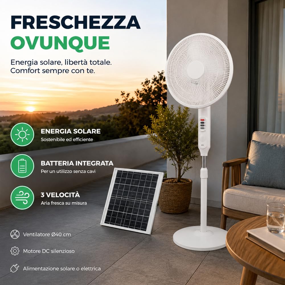 BAKAJI Ventilatore a Piantana a Batteria con Pannello Solare e Luce Nottura, Air Fun con 3 Velocità Selezionabili e Consumi Ridotti, Diametro 40 cm e Altezza Totale 120 cm, Potenza 7W, Silenzioso