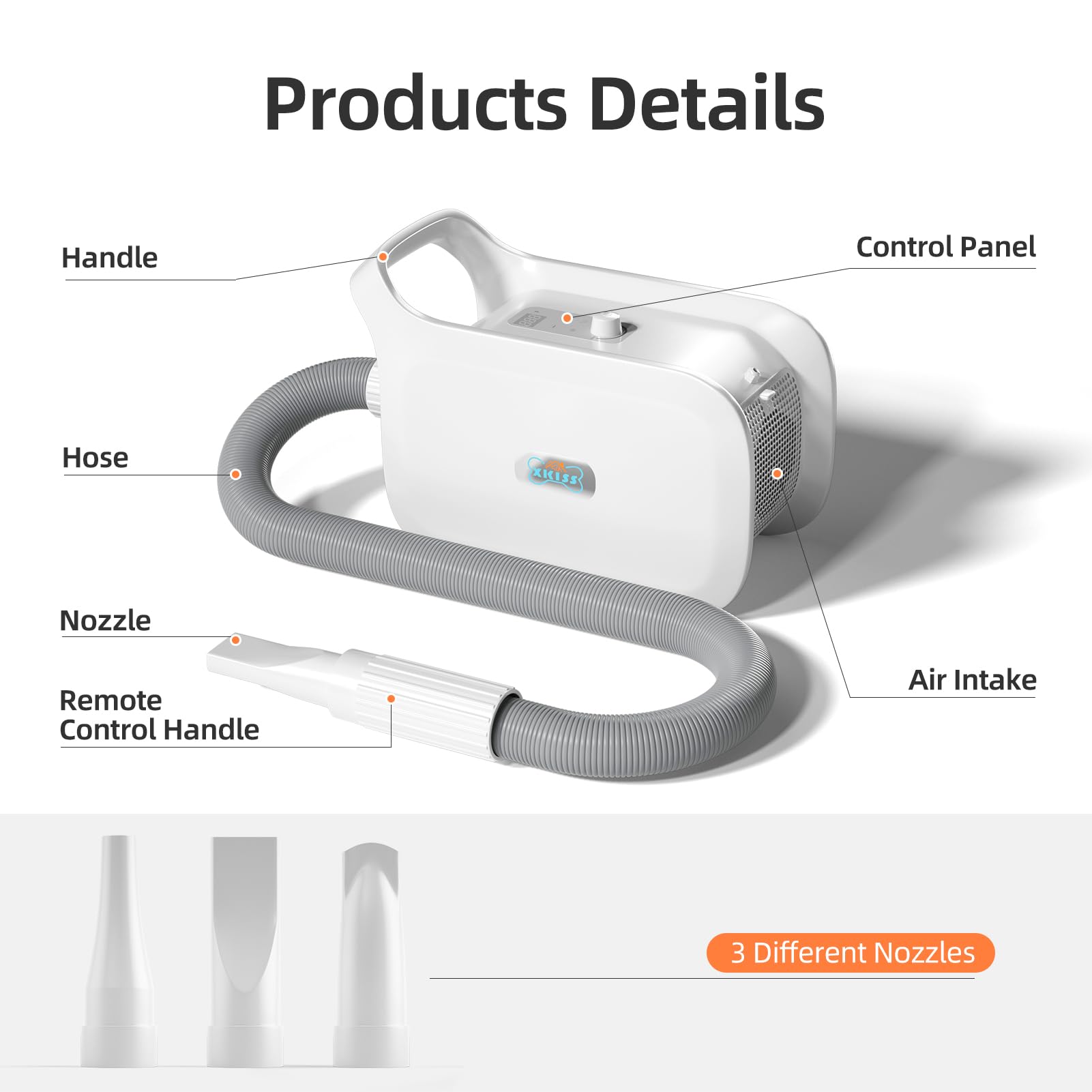 XKISS pulseur pour chien Sèche-cheveux pour animaux 3200W / 4.5HP,Low Noise Sèche-cheveux pour chiens,Souffleur pour sécheur chiens Chaleur et vitesse réglables,avec filtre à air et 3 buses.（Blanc）