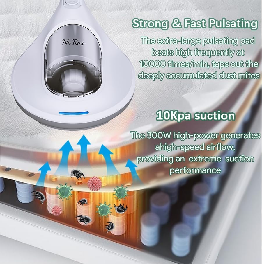 Miniatura 4 de Aspirador de cama de mano UV-C, aspiradora de alérgenos, limpiador profundo, filtro HEPA verdadero, almohadilla pulsante de gran tamaño, elimina el