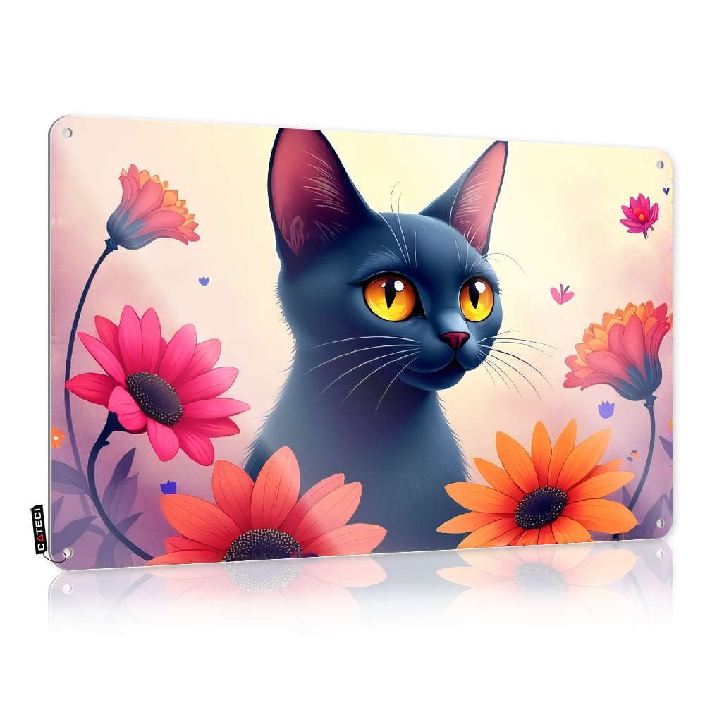 Moving Broomstick Decor Tin Sign Western Wall Texas Metal : Welcome To The Bathroom For Bedroom; | A Black Cat Surrounded By Vibrant Flowers.