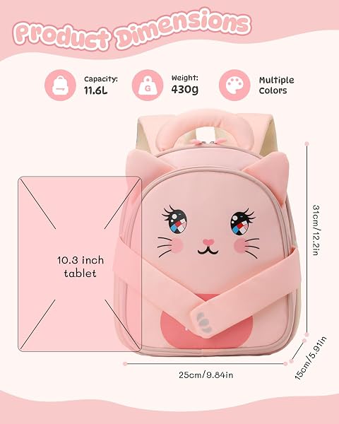 PROTAURI Kindergartenrucksack Mädchen mit Brustgurt, Verwandelbarer Tier Rucksack Kinder Reflektierend & Wasserabweisend, Kita Rucksack Leicht für 2-6 Jahre, 11.6L, Katze - 3