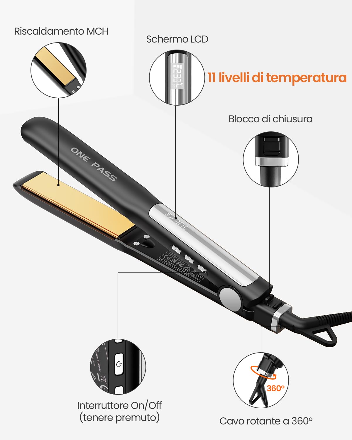 Faszin Piastra Capelli Professionale 2-In-1, Piastre Ioniche di Titanio, Riscaldamento In Soli 20 Secondi, Display LCD Chiaro, Ideale Per Capelli Lisci, Ricci e Mossi