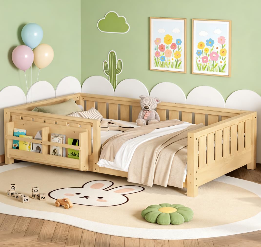 Bellemave Twin Size Floor Bed with high Rails and with Built-in Bookshelf for Kids, Girls, Boys, Wood Montessori Floor Bed Without Door, Light Natural