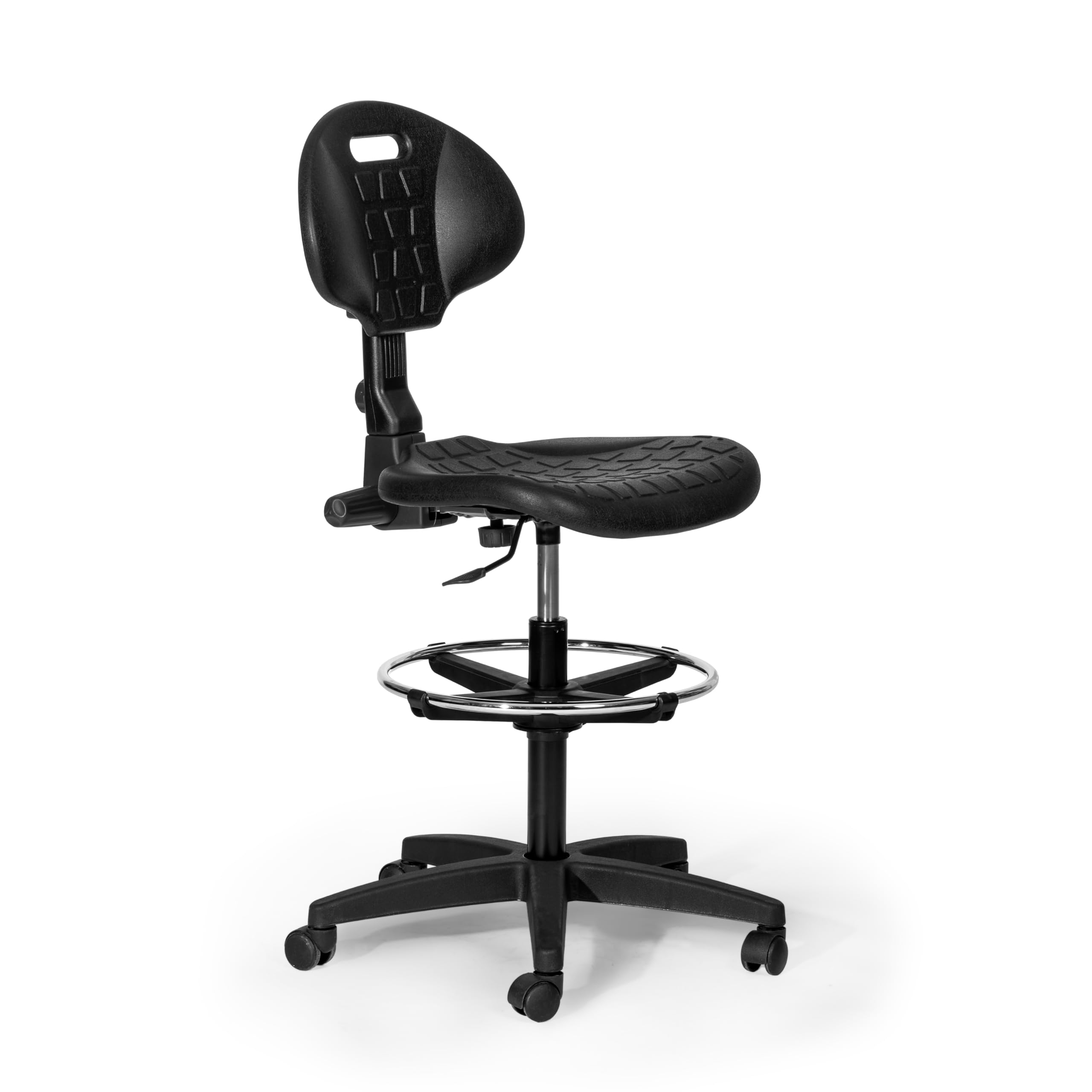 Topsit IND102 Sedia da Lavoro in Poliuretano, Seduta da Laboratorio, Sedia da Ufficio Ergonomica Girevole su Ruote con Anello Poggiapiedi in Metallo Cromo, Schienale e Altezza Regolabile