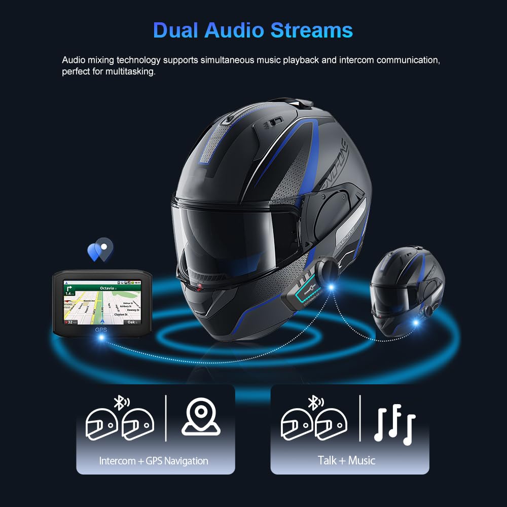 FreedConn KY V2 Casco Moto Bluetooth 6.0 Auricolare, Dual-Channel Mix, Condivisione Musica, 500m 2-Way Moto Interfono, Riduzione del Rumore Intelligente, Doppia Connessione Telefono, Assistente Vocale