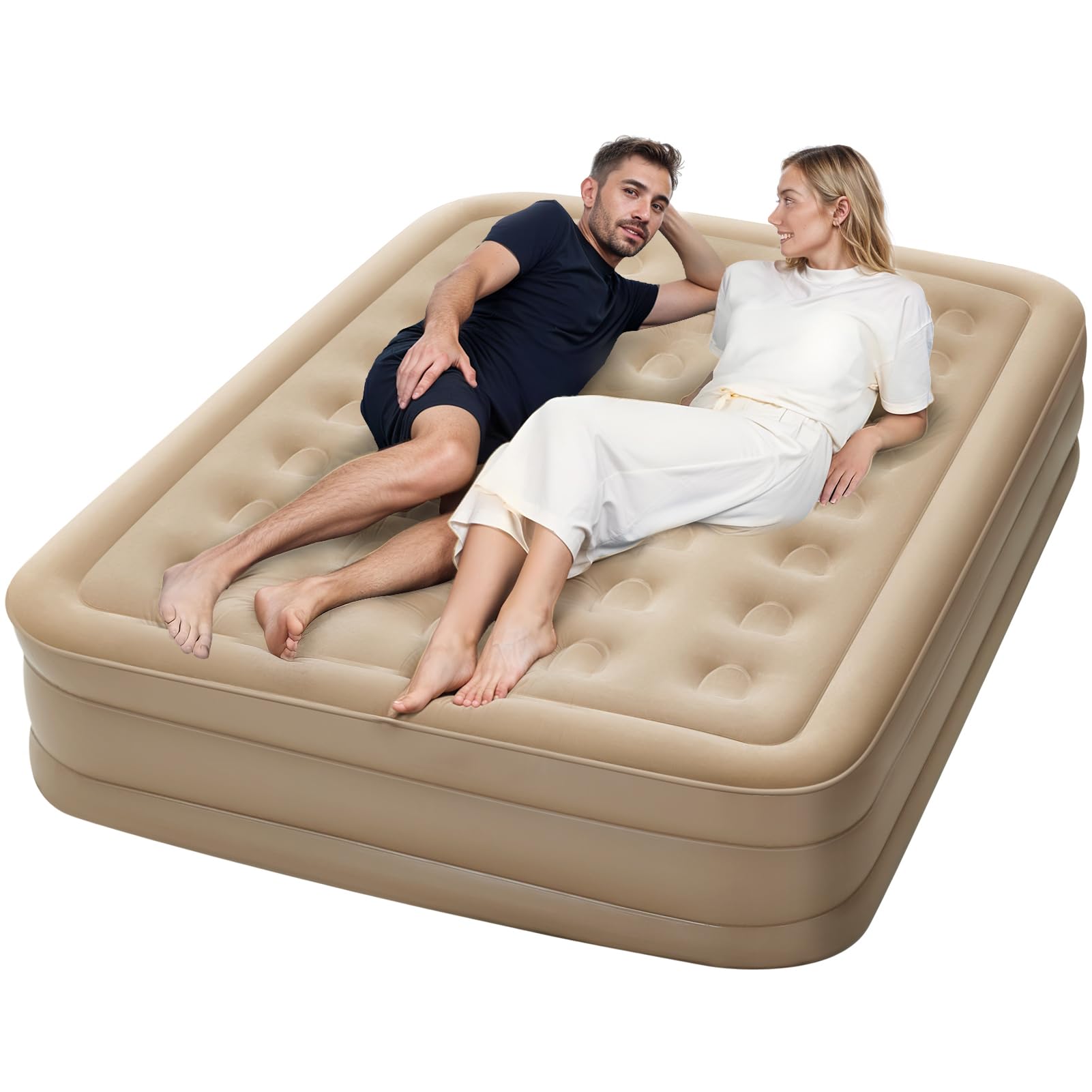 Warmiehomy Inflatable Air Mattress, Air Bed with Built-in Electric Pump, Double Blow up Bed in 2.5 Mins Self-Inflation, Portable Blow up Mattress, Flocked Surface Guest Airbed for Home 15.7''H, Khaki — image 1