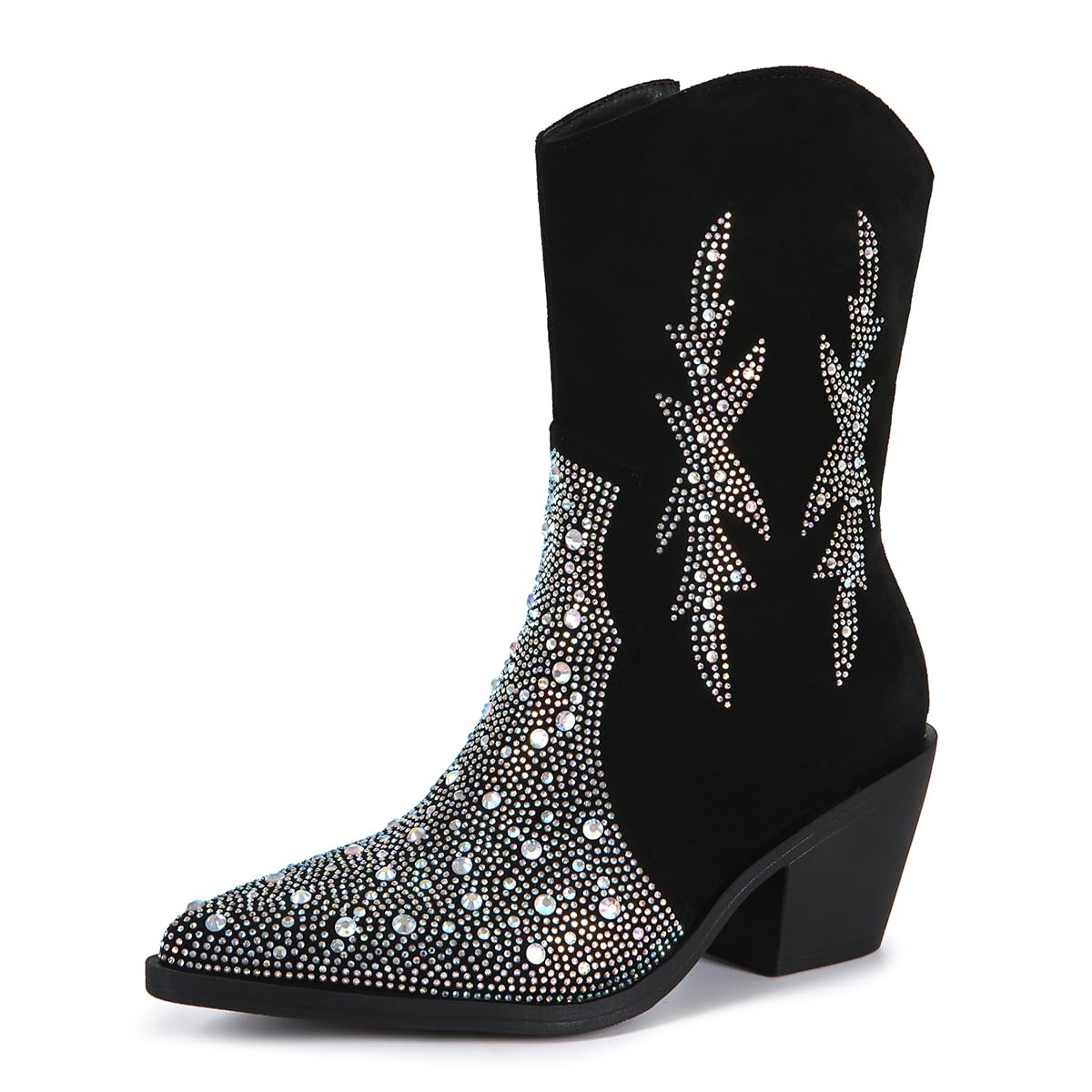 Black Cowboy Western Ankle Boots for Women Colorful Rhinestone Bling Pointed Toe Chunky Low Heel Soft Bootie with