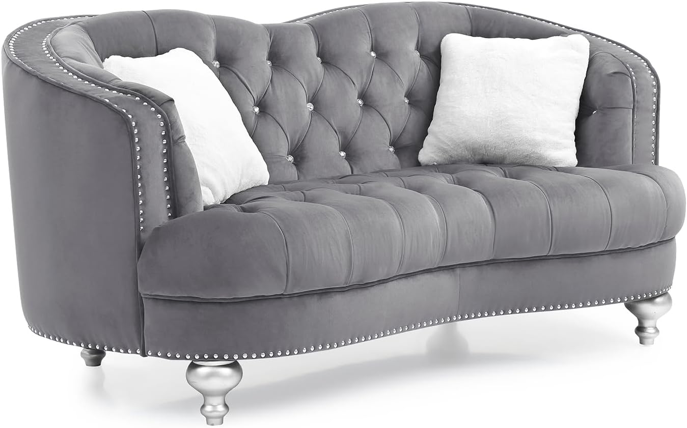 Traditional Style Gray Velvet Loveseat,Sofa Chair,Love Seat Sofa w/Recessed Arms