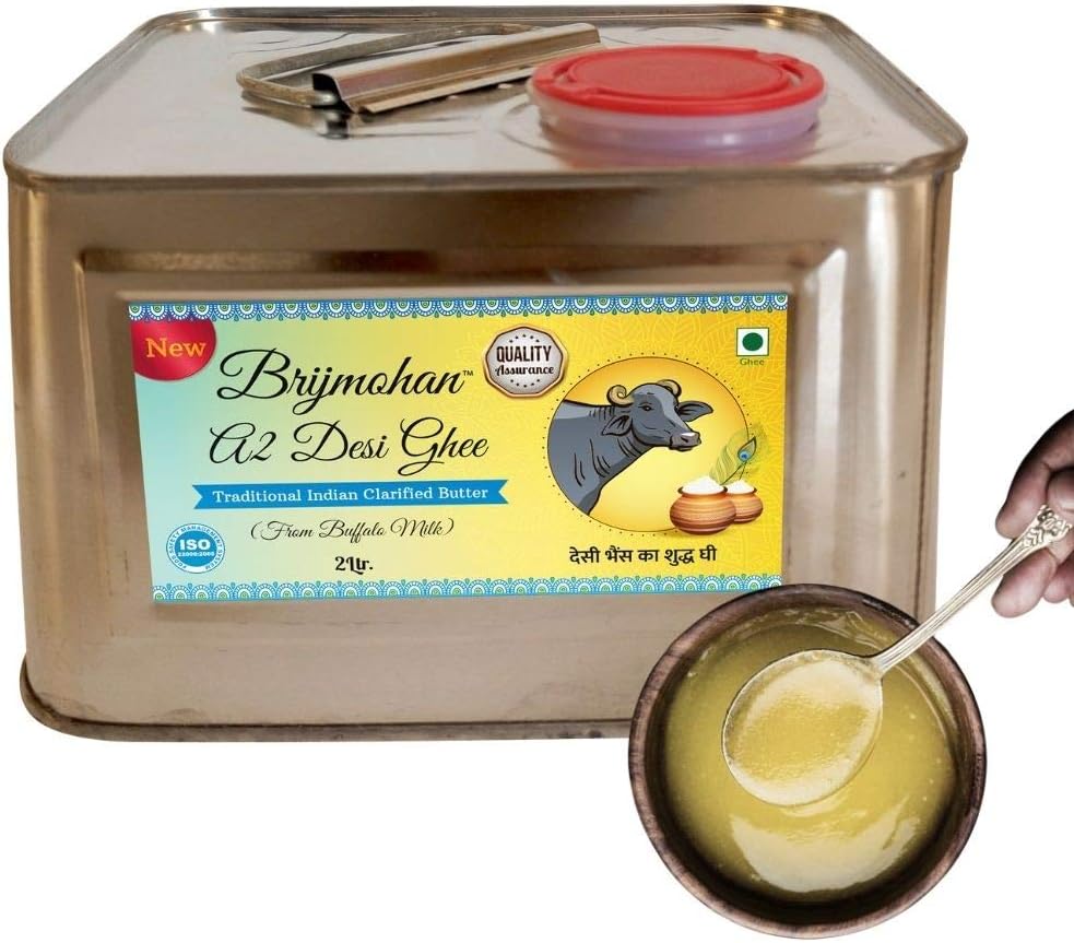 Brijmohan 2 Litre Buffalo A2 Desi Ghee, Pure Unadulterated,Chef�s First Choice,Naturally Rich in Calcium, Minerals like Magnesium, K & P with High Energy. Magnesium to help blood vessels relax, better brain functioning and memory, Chef's-Family Saving Pack-2 liters