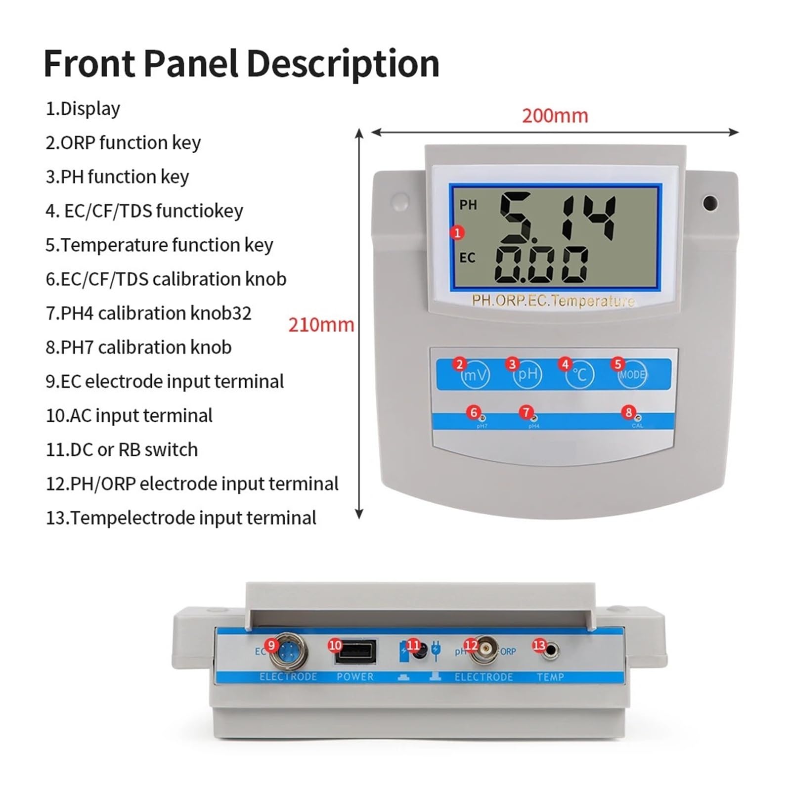 Medidor de pH digital Calibración automática Probador de temperatura ORP TDS EC CF de escritorio | Analizador de calidad del agua for acuarios de laboratorio