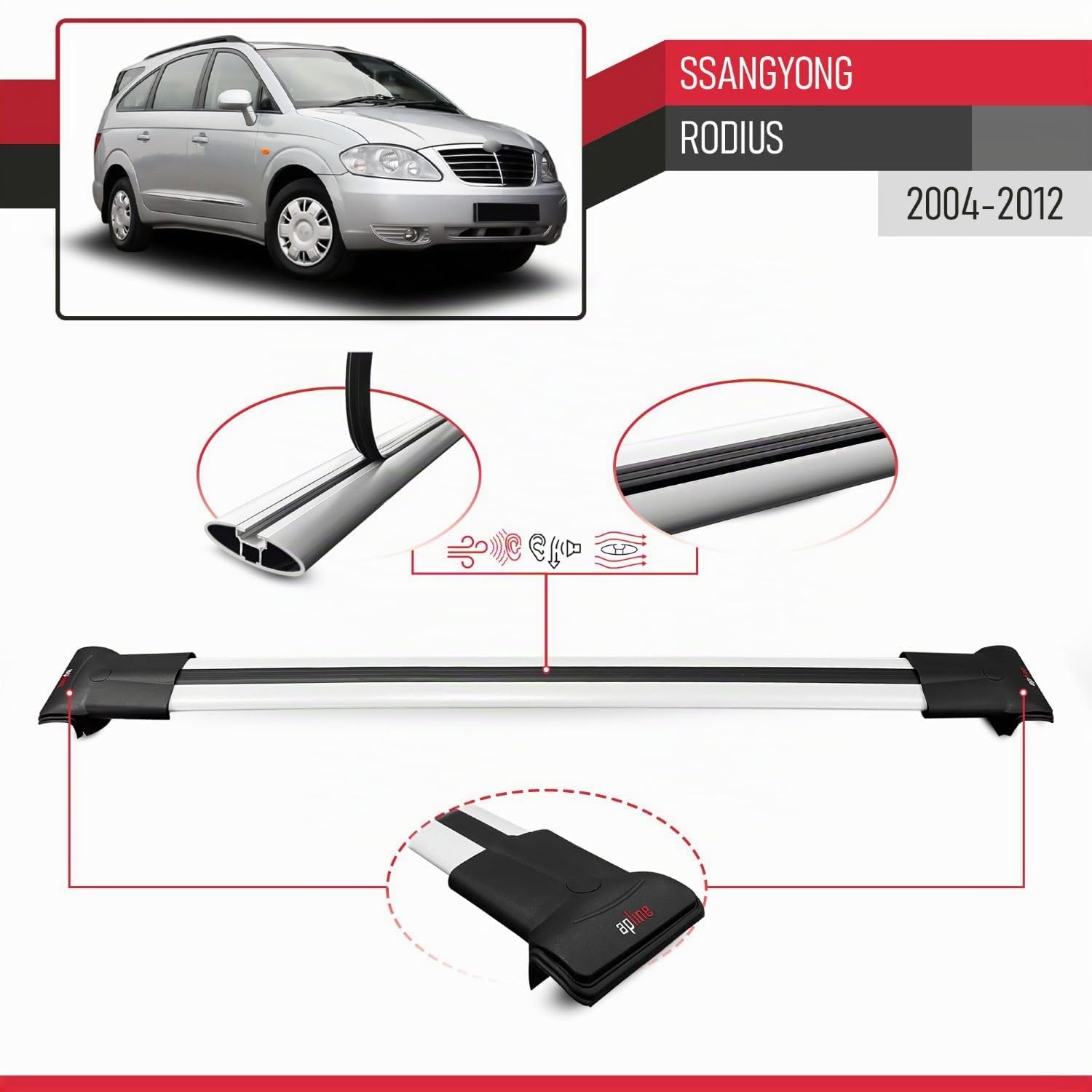 Compatible con SsangYong Rodius 2004-2012 Modelo Fly Barra de Techo Auto Portaequipajes Barras Transversales Gris Aluminio 2 Barras