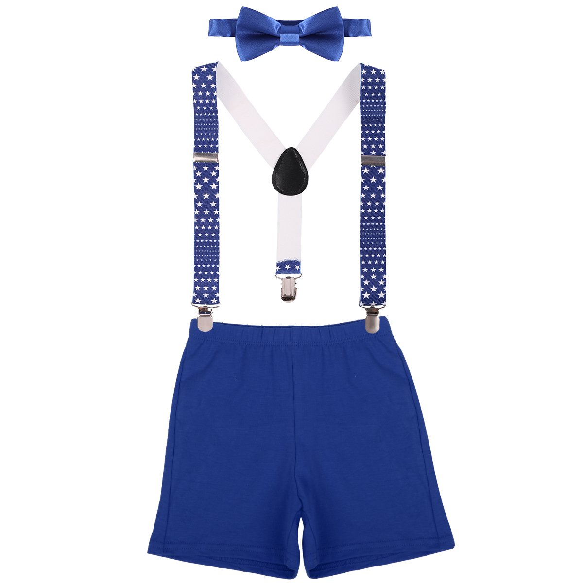 IWEMEK Kids Baby Boys First Birthday Cake Smash Outfit Adjustable Y Back Elastic Clip Suspenders Bowtie set Party Pre-tied Bloomers Star Royal Blue