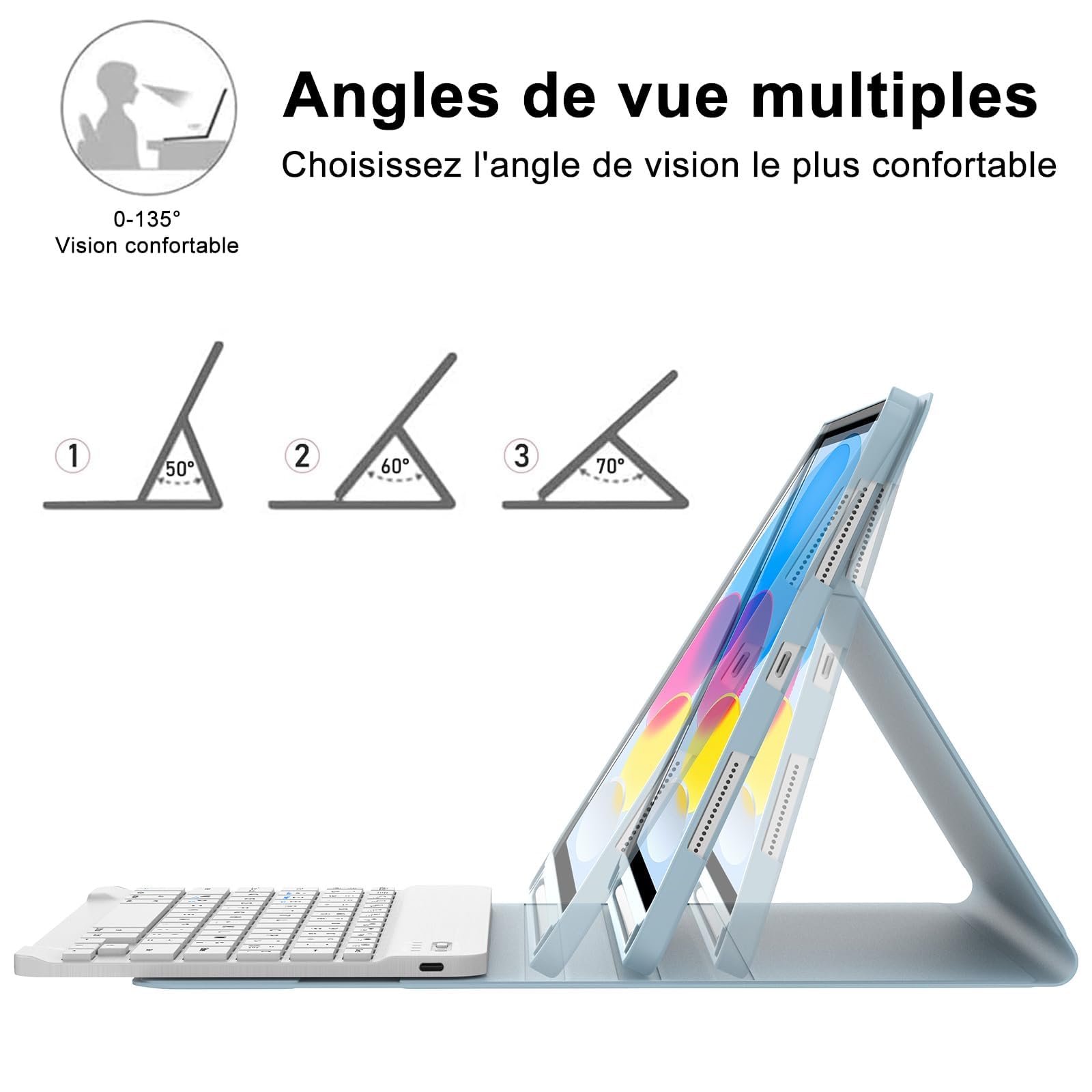 IVEOPPE Coque Clavier pour iPad A16 11/10ème Generation (11 Pouces 2025/10.9 Pouces 2022), Étui Keyboard AZERTY Layout sans Fil Bluetooth avec Porte Crayon, Bleu Azur