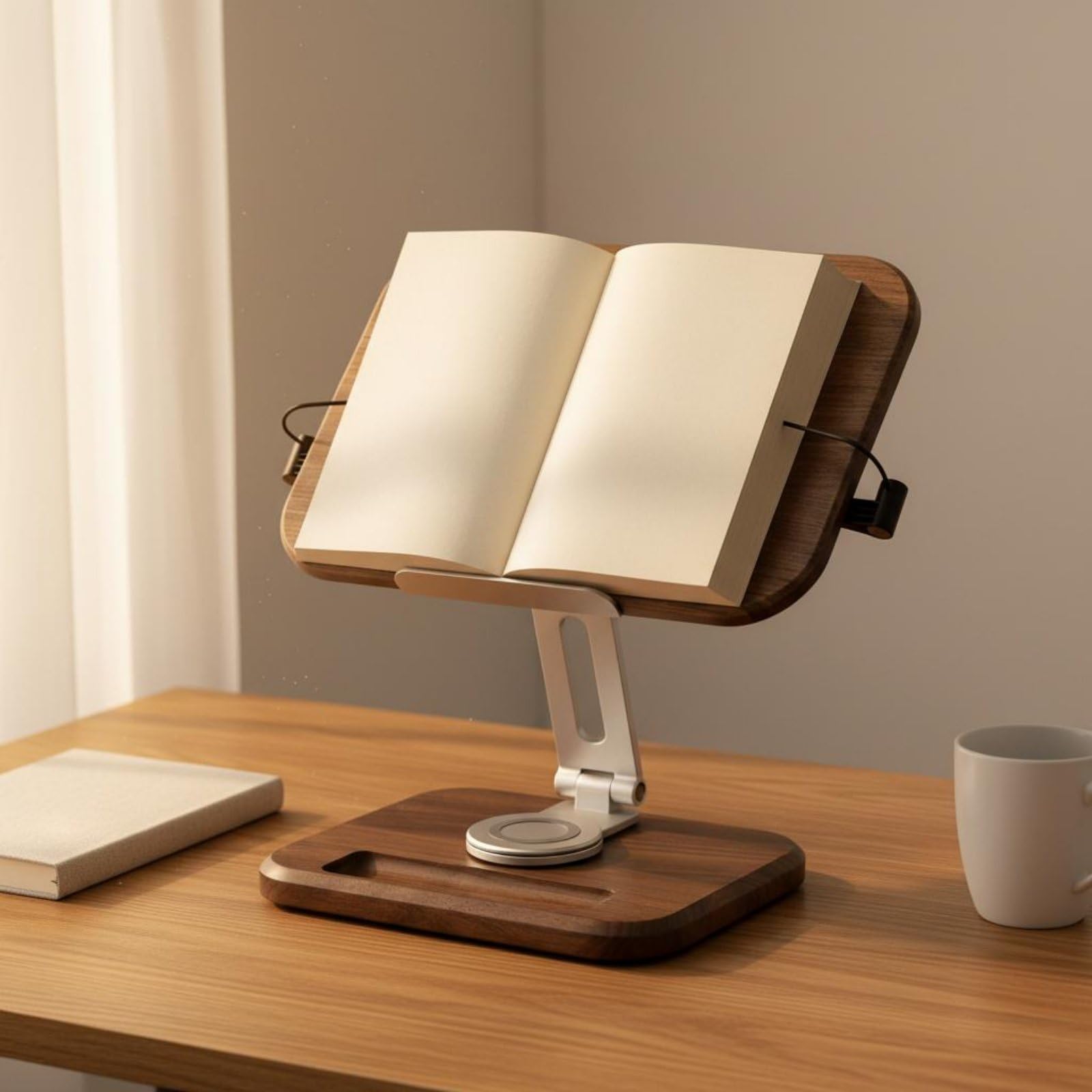 de Lecture Support Livre Lutrin Porte Livre Repose Livre en Noyer Ergonomique avec Bras Réglable en Alliage d'Aluminium et Système Rotatif 360 Pinces