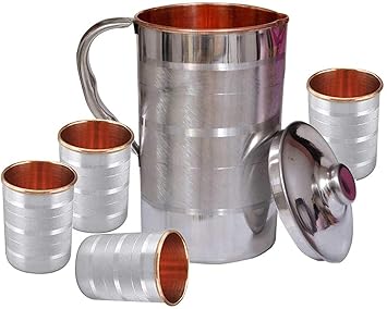 Raghav Tableware Copper Steel Water Jug 1.6 Litter Pure Copper Steel JUG with 4 Copper Steel Glasses (300ml Each)